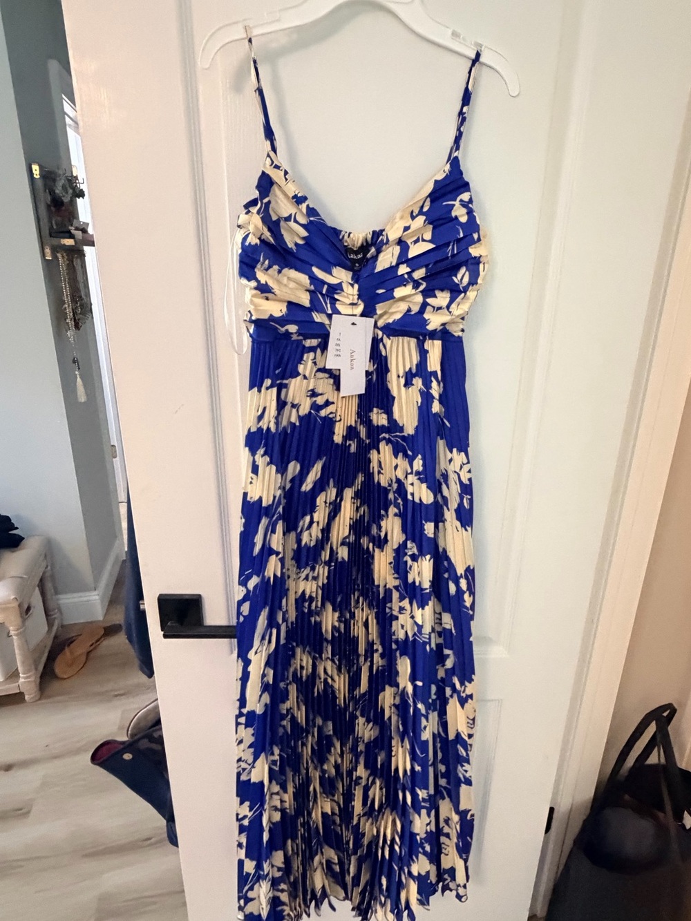 Vici Royal Blue and Cream Floral Pleated Maxi Dress